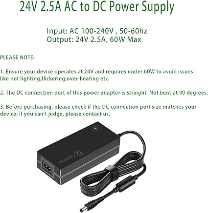 24V 2.5A DC Power Supply Adapter, AC 100-240V 50-60Hz to 24Volts 2.5Amps Transformer for 24Vdc 0.1A~ 24V 2.5A DC Power Supply Adapter, AC 100-240V 50-60Hz to 24Volts 2.5Amps Transformer for 24Vdc 0.1A~